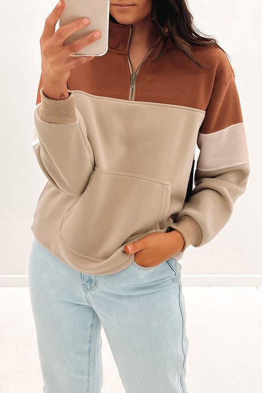 Color Block Zip Mock Neck Pocketed Sweatshirt