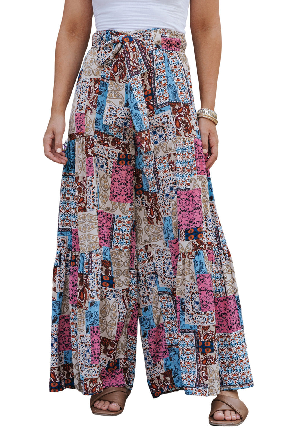 Pantalon taille haute multicolore Boho Paisley à imprimé mixte 