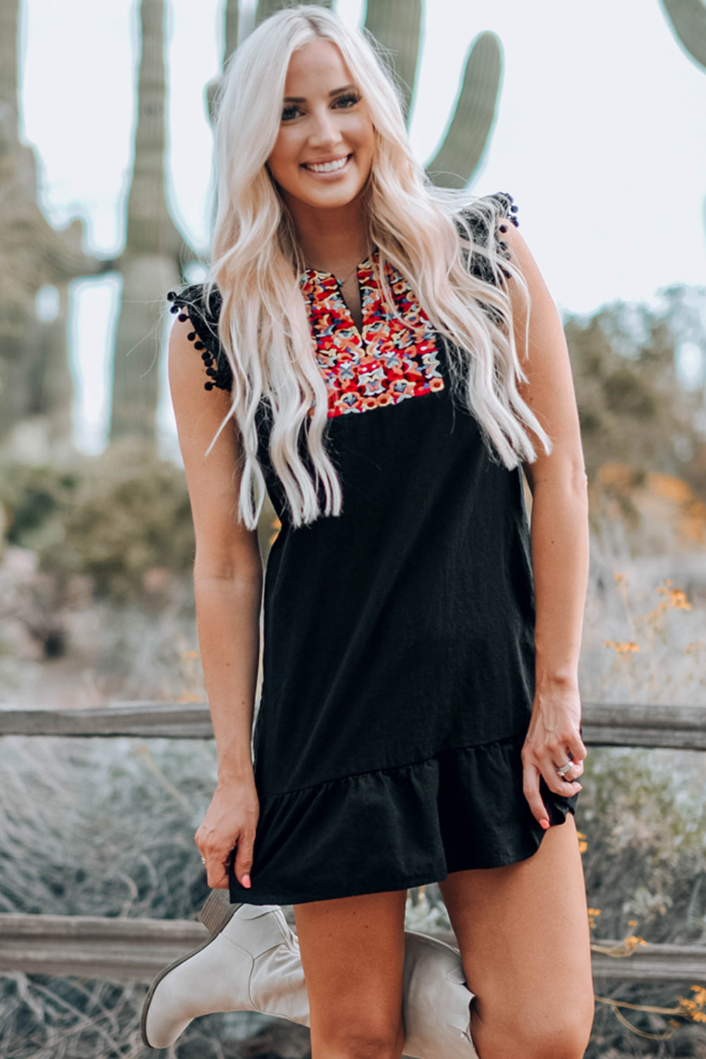 Boho Print Pompom Sleeve Shift Dress