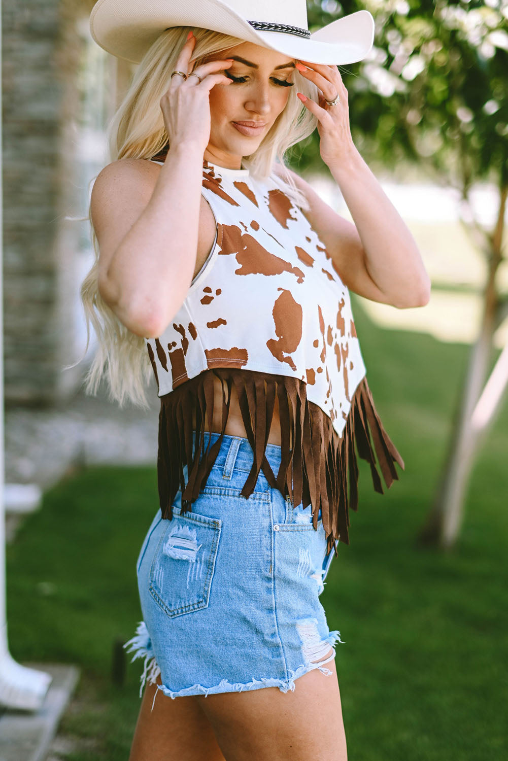 Cow Printed Fringe Hem Tank Top