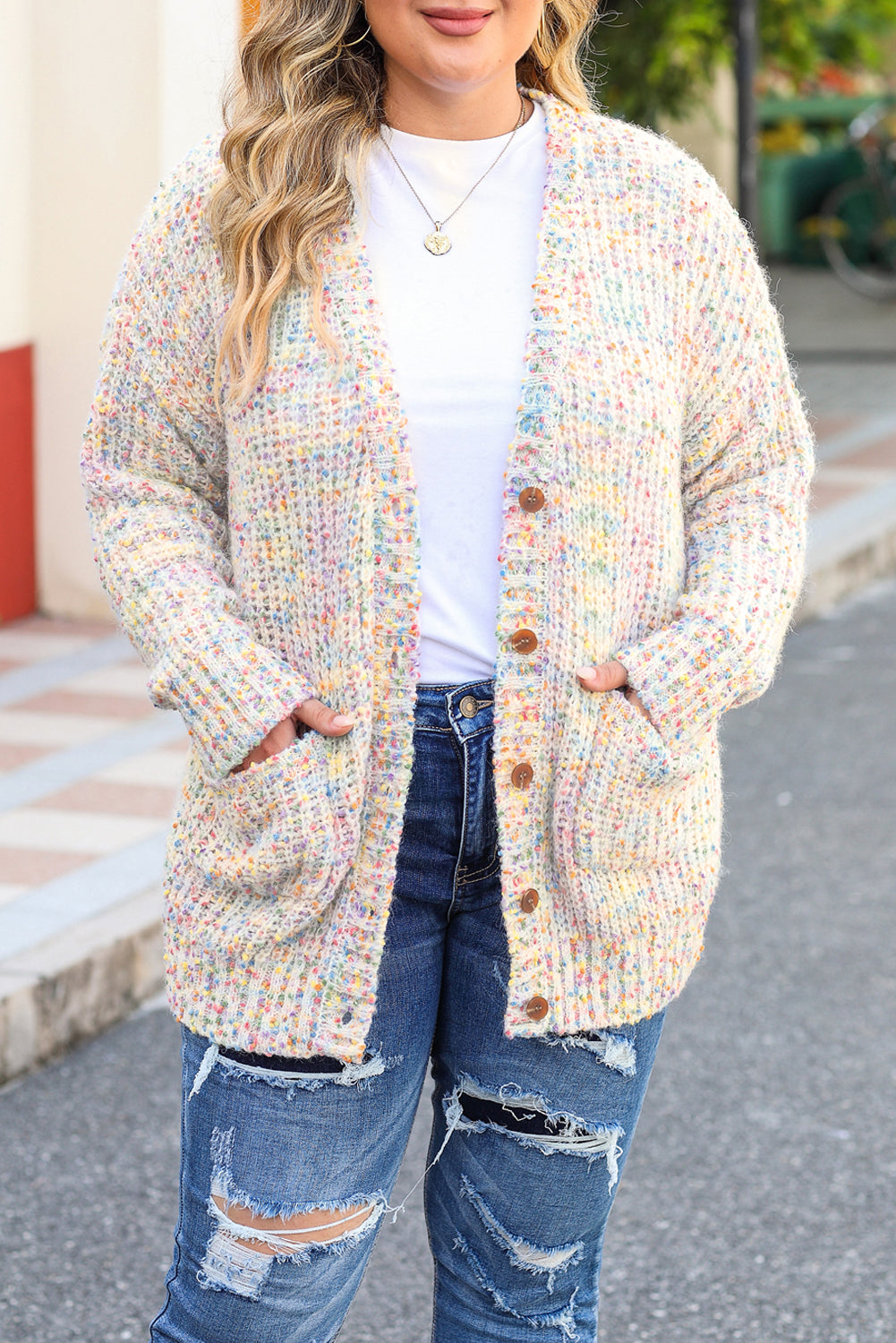 Multi Color Mixed Thread Plus Size Cardigan