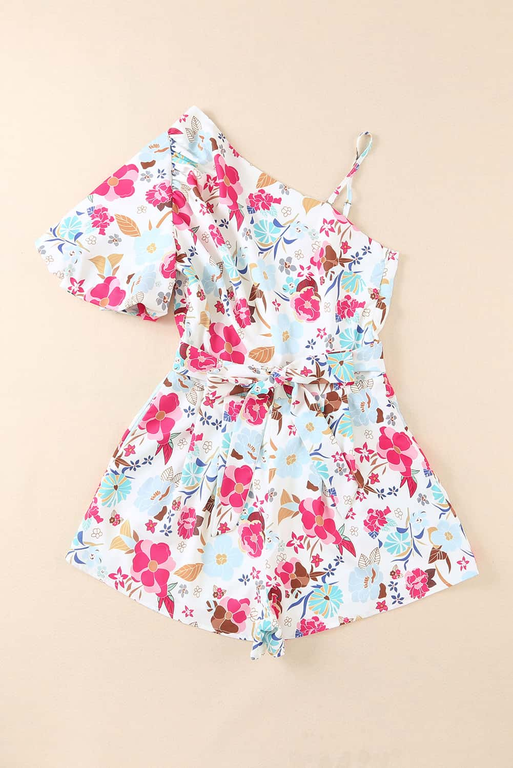 Floral Single Bubble Sleeve Slant Shoulder Romper