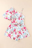 Floral Single Bubble Sleeve Slant Shoulder Romper