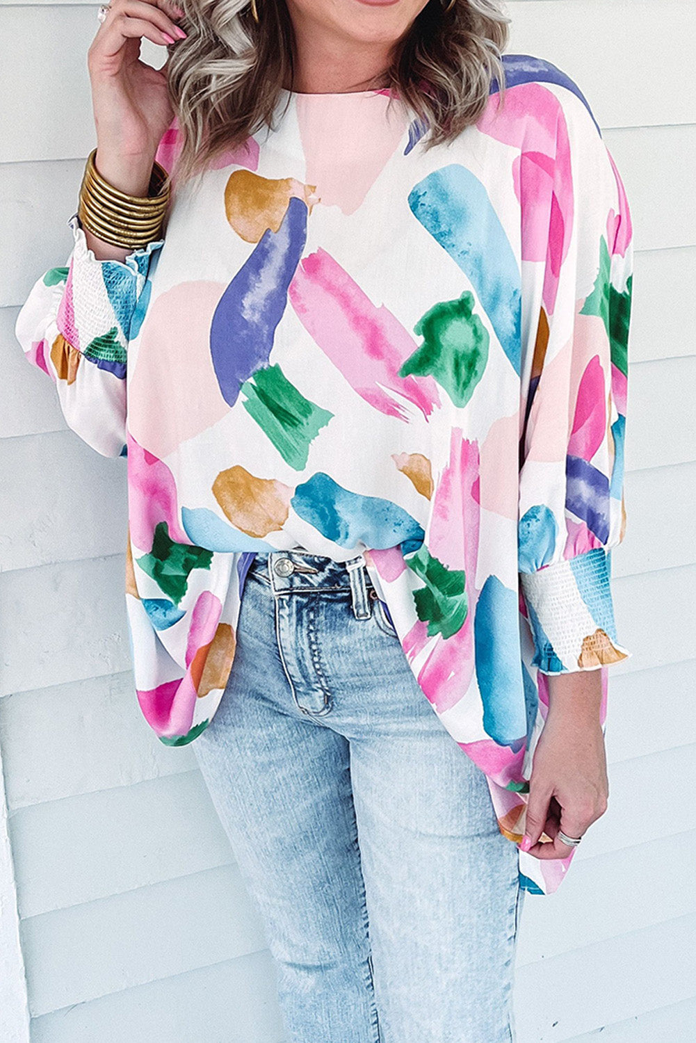 Brushstroke Graffiti Print Dolman Sleeve Blouse