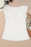 White V Neck Flutter Shoulder Ribbed Knit Top