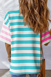 Pink Stripe Contrast Patch Pocket Drop Sleeve T Shirt