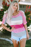 Knitted Eyelet Colorblock Striped Half Sleeves Top