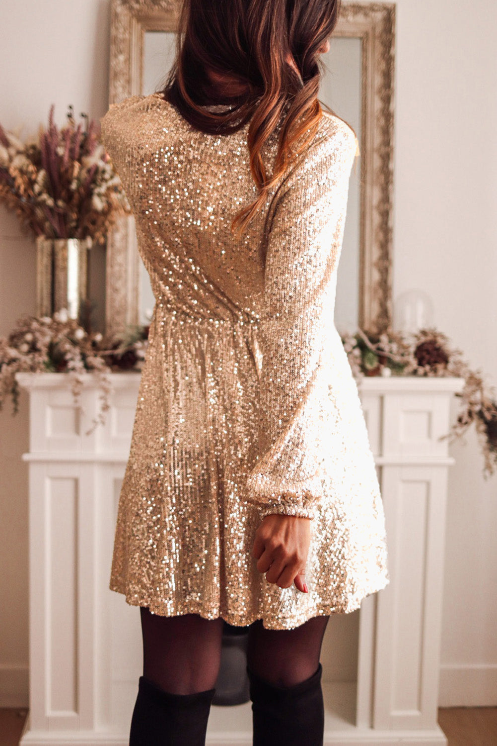 Robe portefeuille à sequins et col en V abricot 