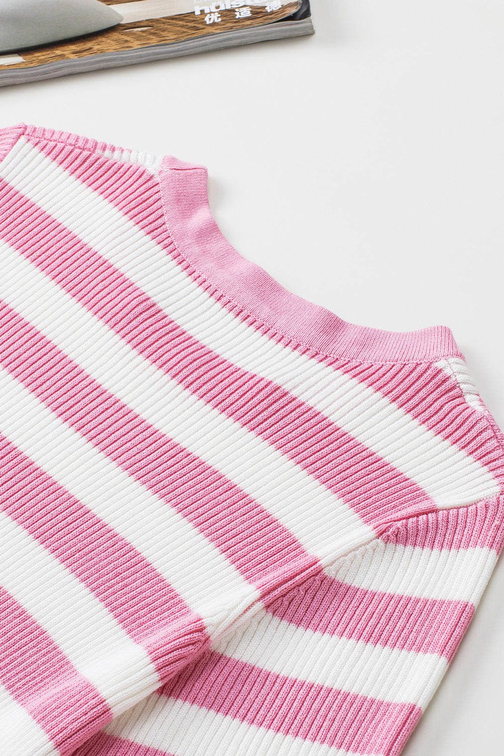 Striped Ruffled Short Sleeve O-neck Knit Sweater Top