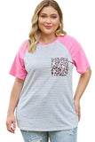 Leopard Patch Pocket Plus Size Raglan Sleeve Tee