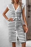 Striped Button Slit Tie V-Neck Midi Dress