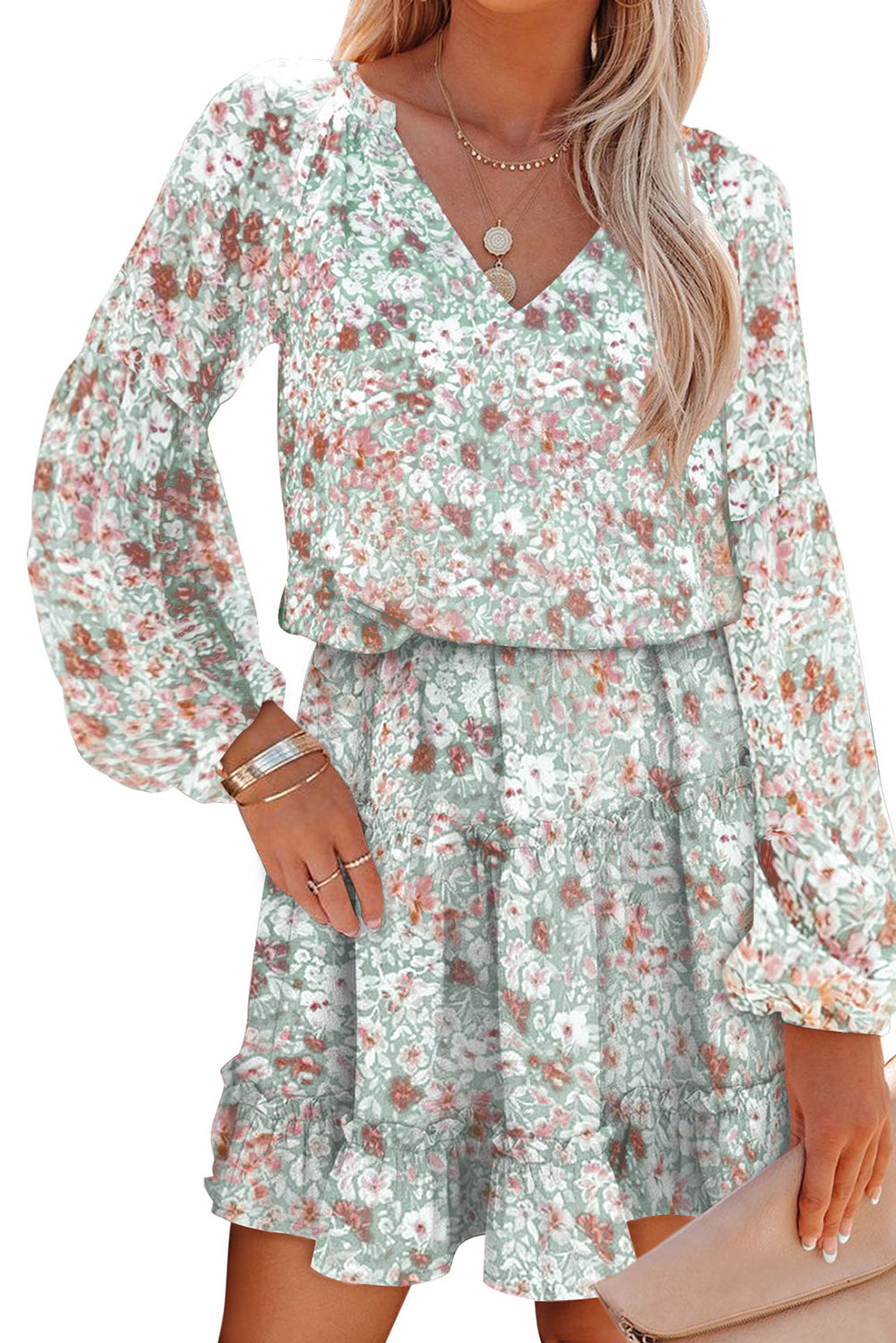 Multicolor V Neck Puff Sleeves Floral Tunic Dress