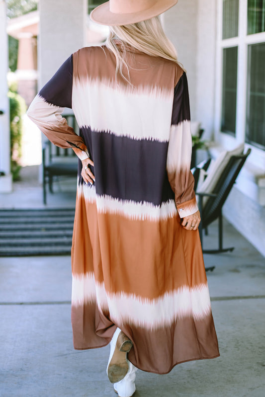 Tie Dye Colorblock Button Down Maxi Kimono