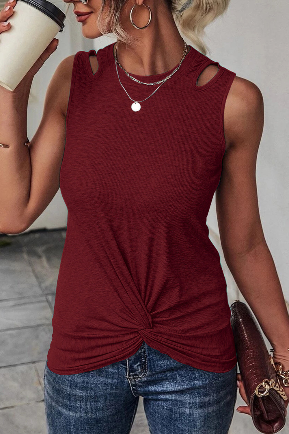 Khaki Rib Knit Cut-out Front Twist Tank Top