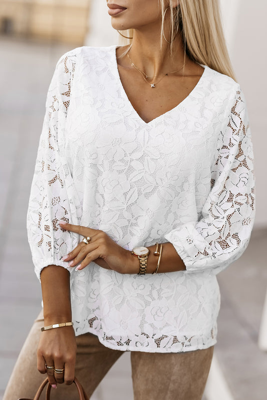 Floral Lace Crochet Loose Fit V Neck Top