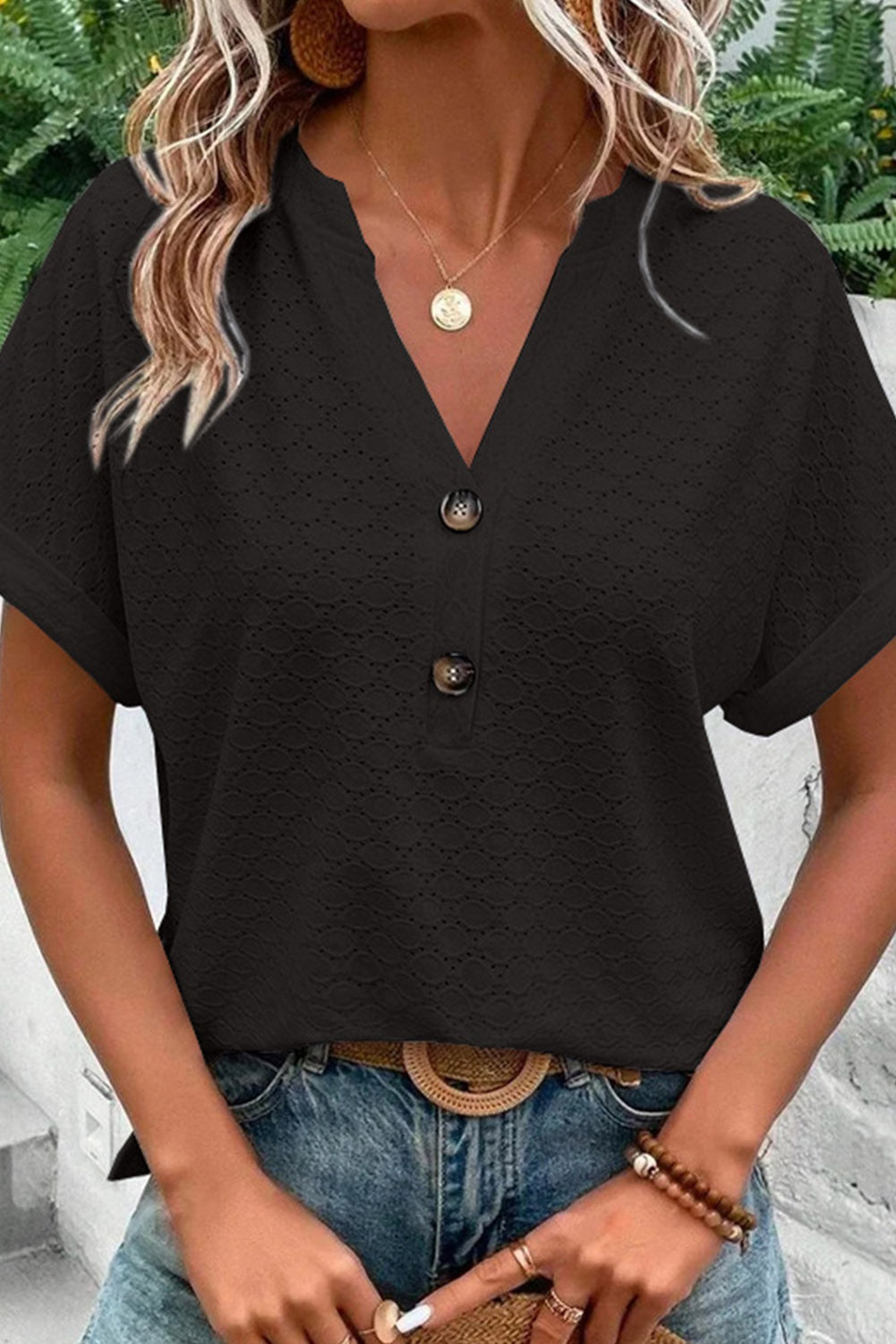 Eyelet Button-Accent Notch Neck Top