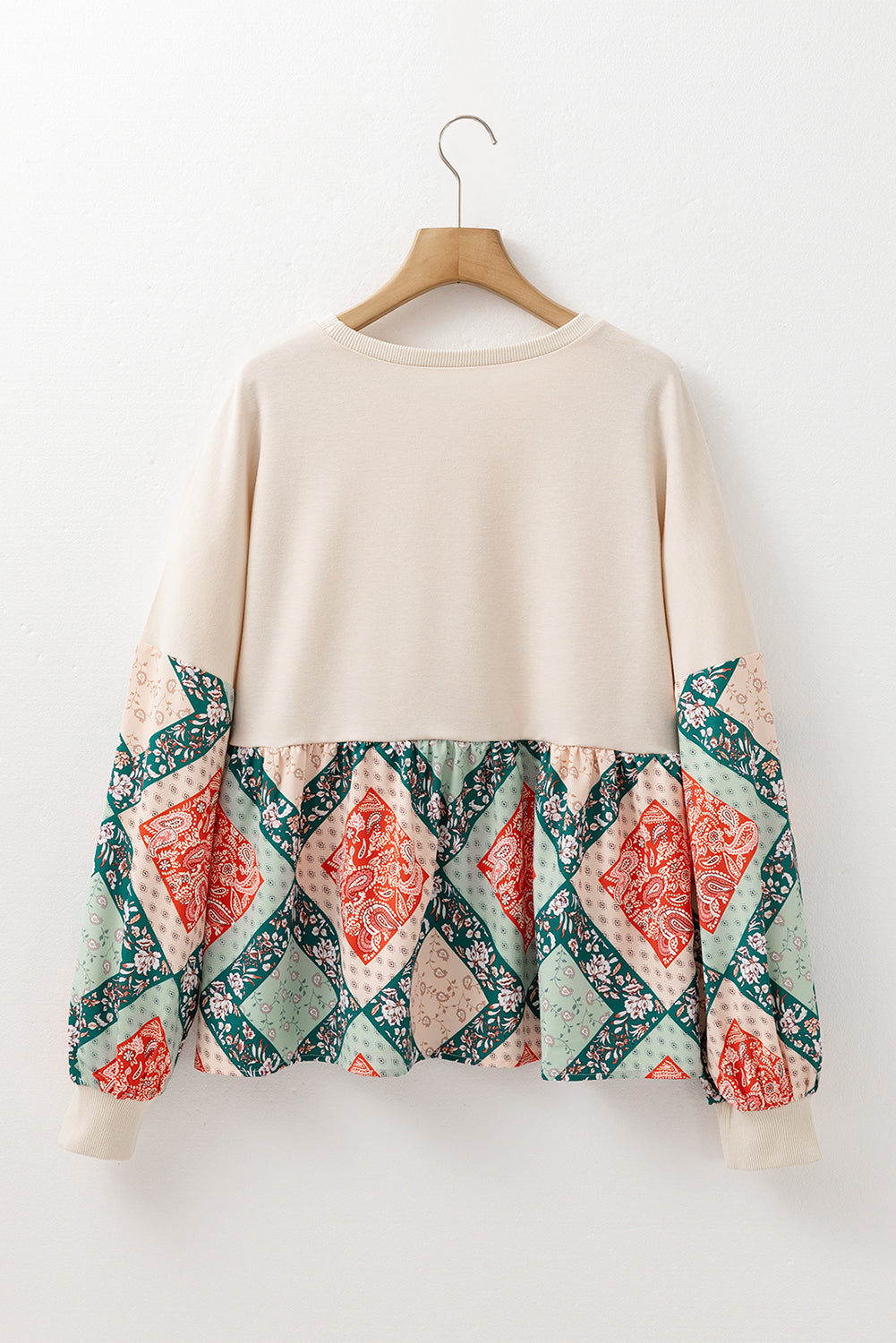 Jet Stream Paisley Geometric Patchwork Crew Neck Loose Fit Top