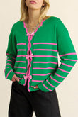 Green Stripe Ribbon Cute Bow Detail Sweater Knit Cardigan