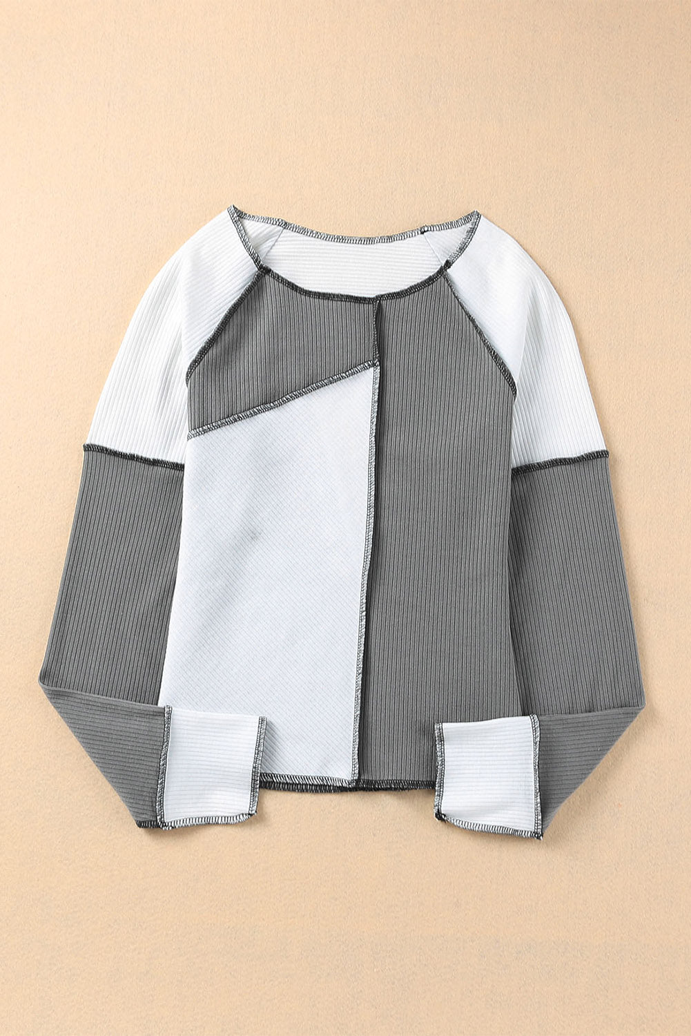 Irregular Color Block Seaming Trim Rib Knit Top