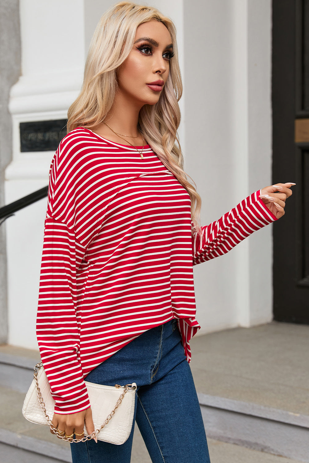 Striped Drop Shoulder Exposed Seam Long Sleeve Top