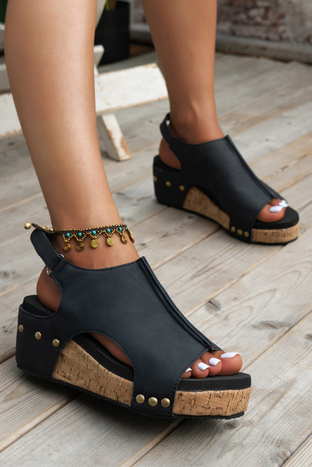 Black Vintage Leather Stitching Studded Wedge Sandals