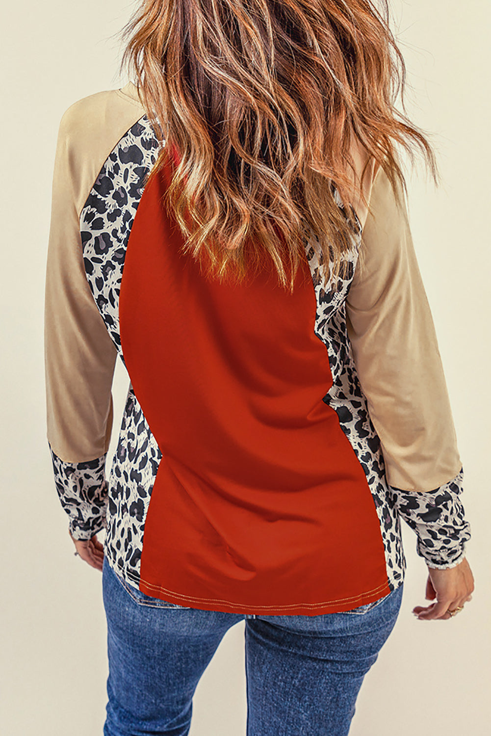 Colorblock Leopard V Neck Long Sleeve Top