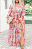 Tropical Plant Print Long Sleeve Wrap V-Neck Slit Maxi Dress