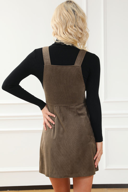 Brown O-ring Zip Up Pocketed Corduroy Dress