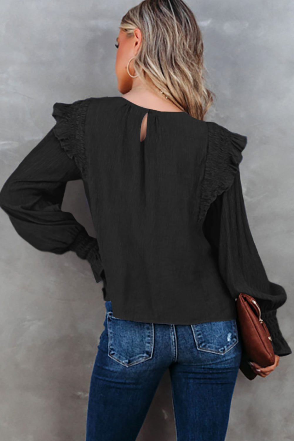 Black Crinkle Ruffle Trim Keyhole Puff Sleeve Blouse