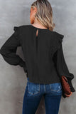 Black Crinkle Ruffle Trim Keyhole Puff Sleeve Blouse