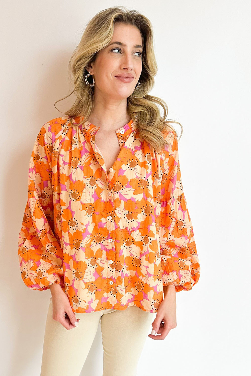 Orange Floral Print Loose Sleeve Shirt