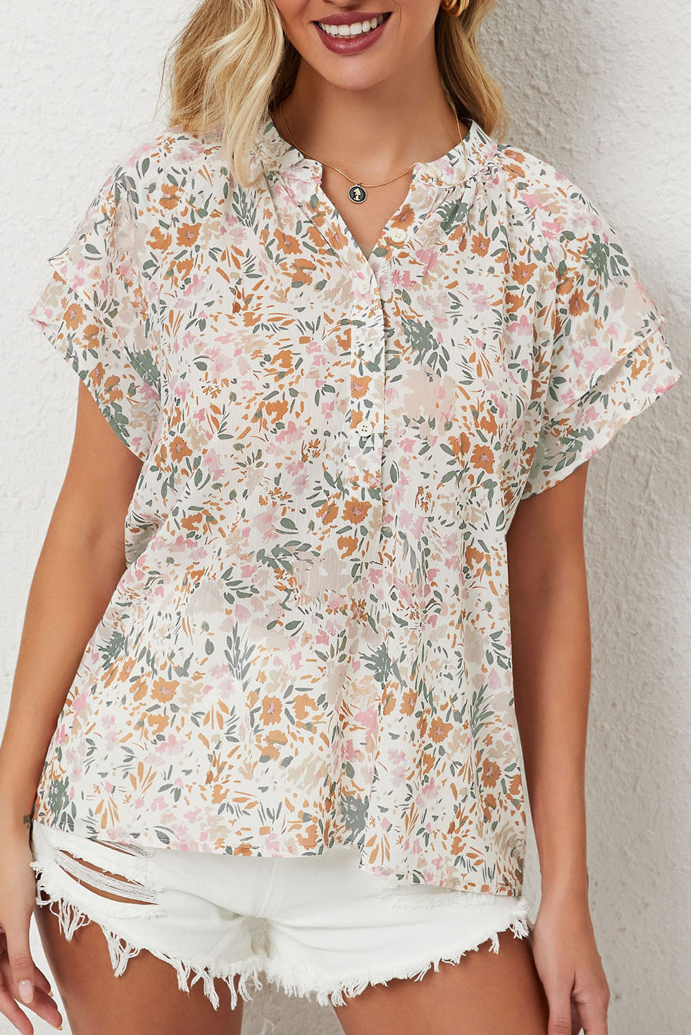 Pink Floral Mandarin Collar Top