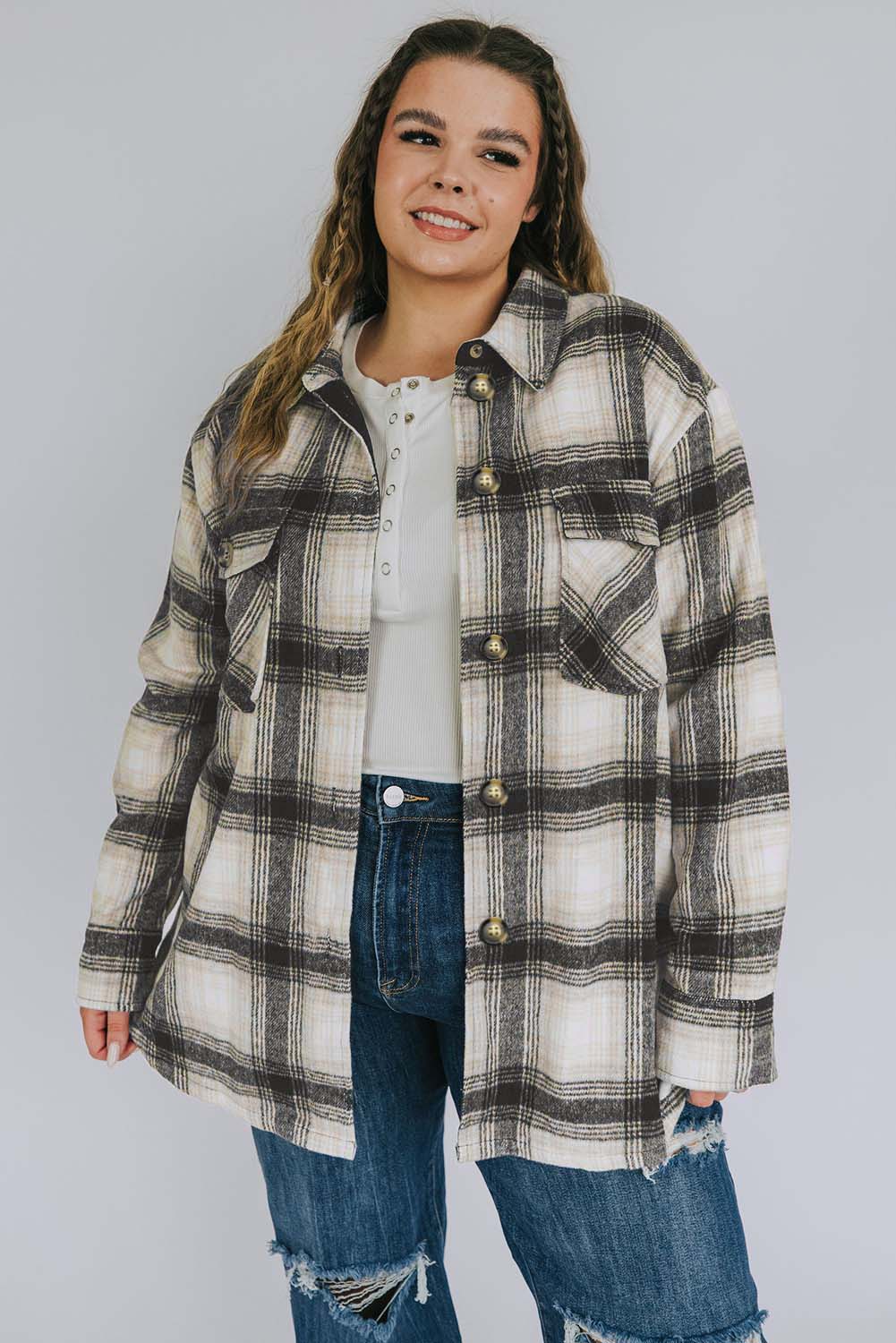 Plus Size Brushed Plaid Flap Pocket Shacket