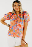 Floral Bubble Sleeve V-Neck Plus Size Blouse