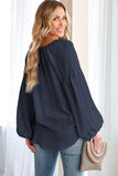 Blue Lantern Sleeve Stripe Tassel Drawstring Blouse