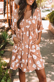 Khaki V Neck Floral Babydoll Dress with Pockets