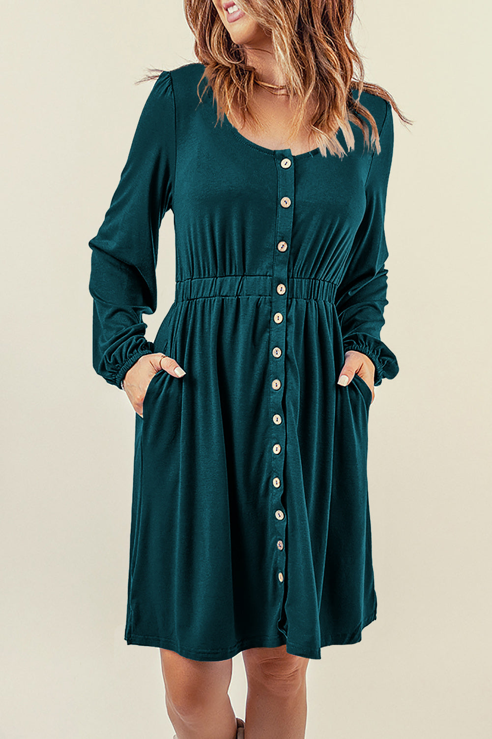 Button Up High Waist Long Sleeve Dress