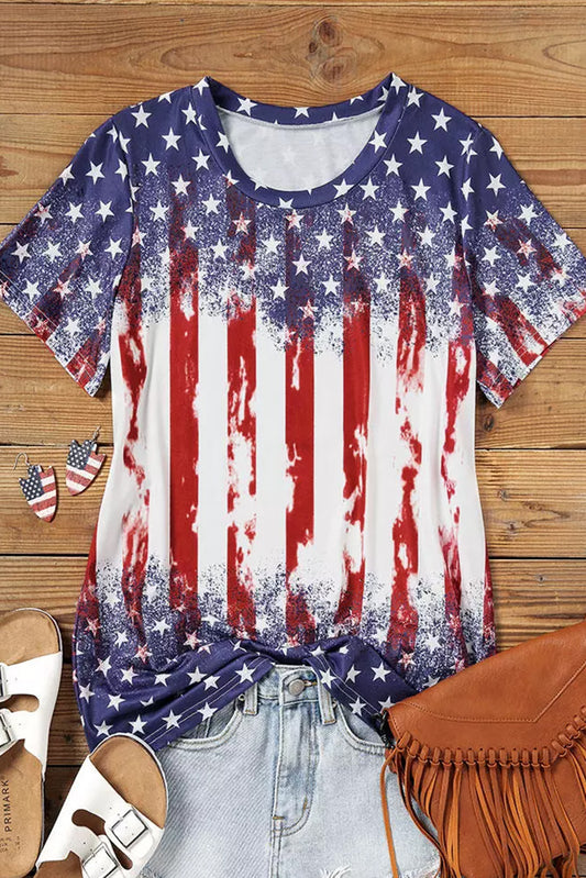 American Flag Inspired Bleached Print Short Sleeve Tee