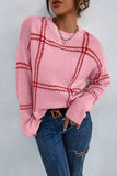 Khaki Plaid Pattern Knitted Drop Shoulder Sweater