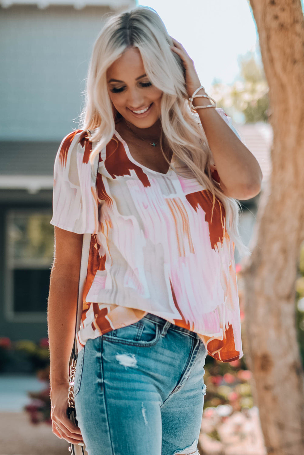 Color Block Ruffled Short Sleeve V Neck T-shirt