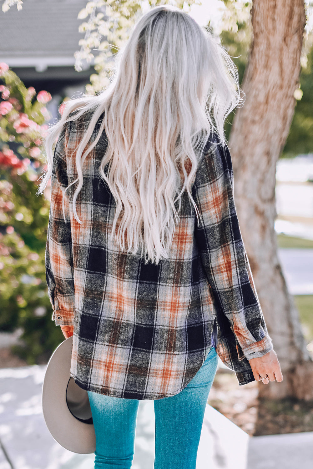 Oversize Rounded Hem Plaid Shacket with Slits