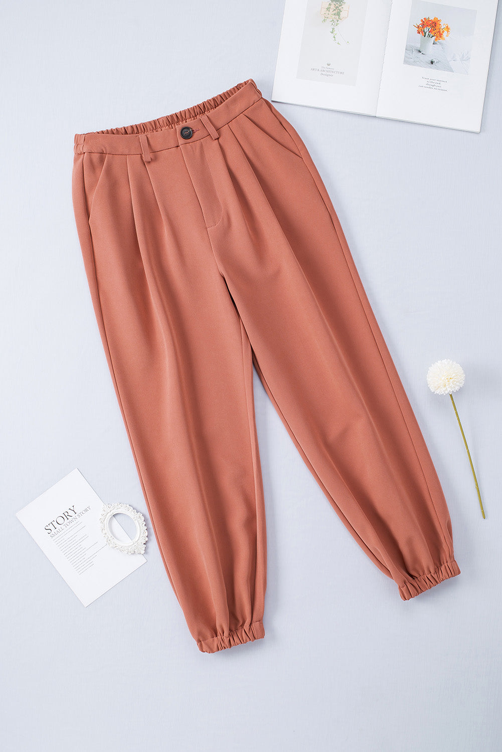 Pantalon de jogging taille haute orange avec poches, longueur cheville