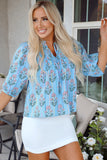 Sky Blue Floral Striped Print Tie Shirred Splie Neck Blouse