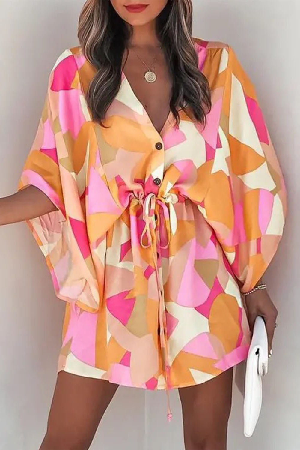 Geometric Print Button Drawstring Batwing Sleeve Dress