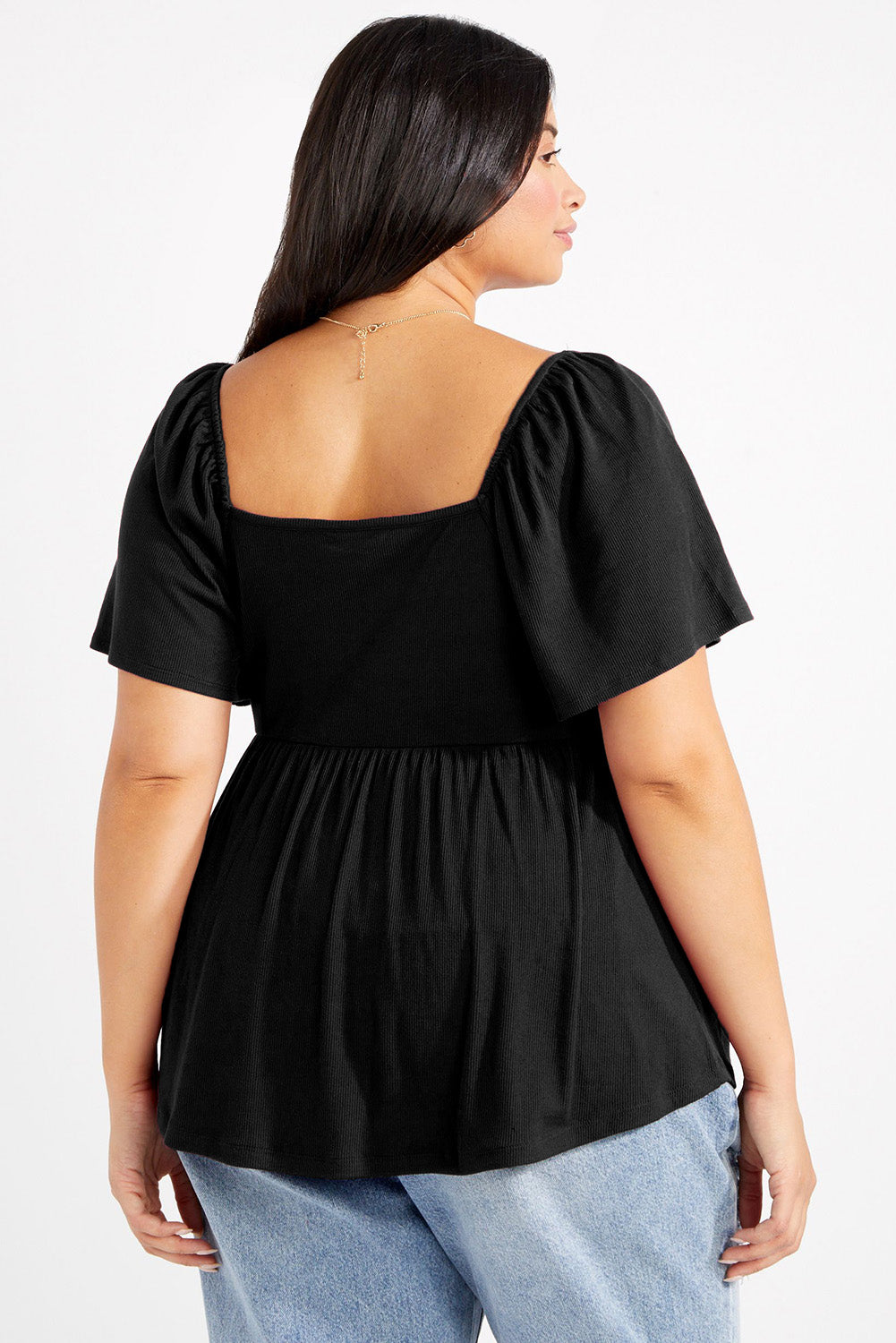 Haut babydoll noir froncé sur le devant de grande taille