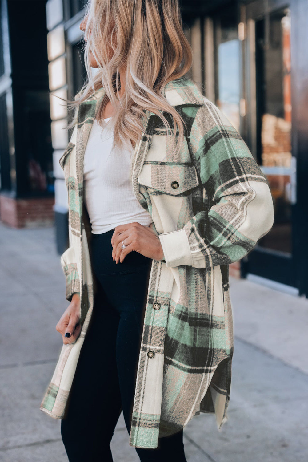 Brown Plus Size Plaid Flap Pockets Shacket