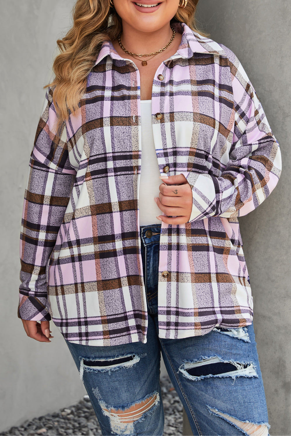 Plus Size Plaid Fringed Back Button Shacket