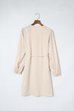 Lace Trim V Neck Tie Waist Long Sleeve Dress