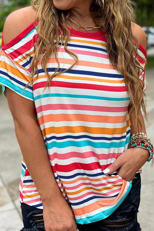 Striped Print Cold Shoulder Relaxed Top