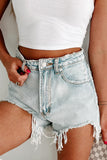 Distressed Raw Hem High Waist Denim Shorts